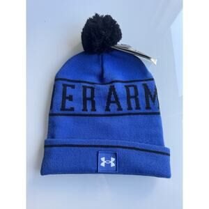 Under Armour Blue Cuffed Pompom Beanie w Embroidered Patch Logo Adult OSFM NWT